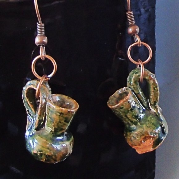 Terracotta Mexico Pottery OoaK Earrings Mini Glazed Handmade Copper Wires Rings - Picture 9 of 14